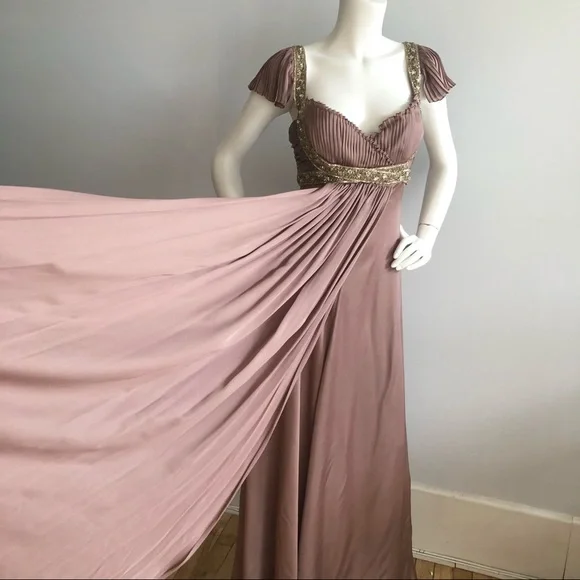 Marchesa Mauve Sequin Bugle Bead Silk Pleated Gown - Picture 5 of 7